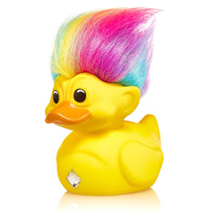 TUBBZ Rainbow Troll duck outside the tub, a highly collectible display piece.