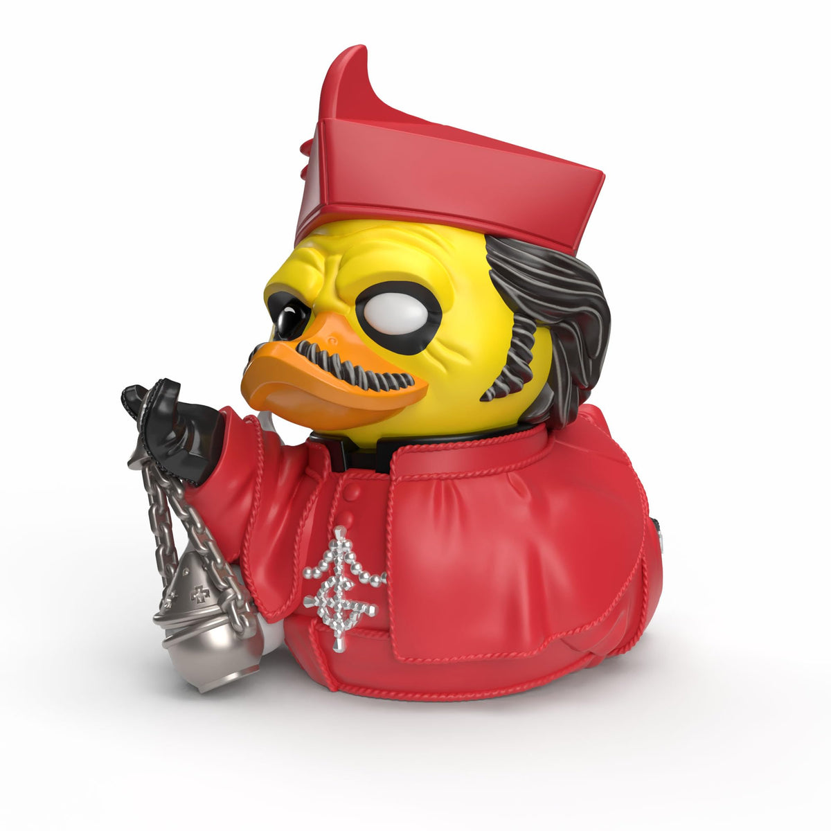 TUBBZ Ghost Cardinal Copia duck figure standing on a shelf for display.