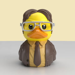 TUBBZ mini Dwight Schrute duck on a shelf, collectible desk companion.