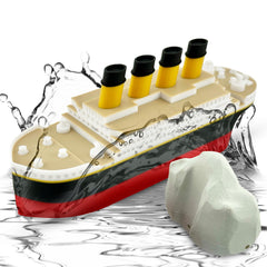 Tubtastic Titanic bath toy floats beside the included iceberg for imaginative tub play