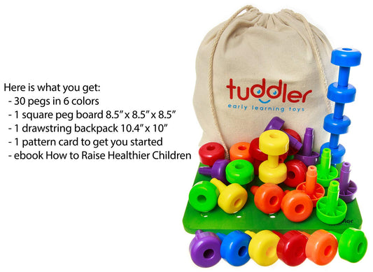 Tuddler colorful pegs stacked on board enhance hand-eye coordination and color recognition.