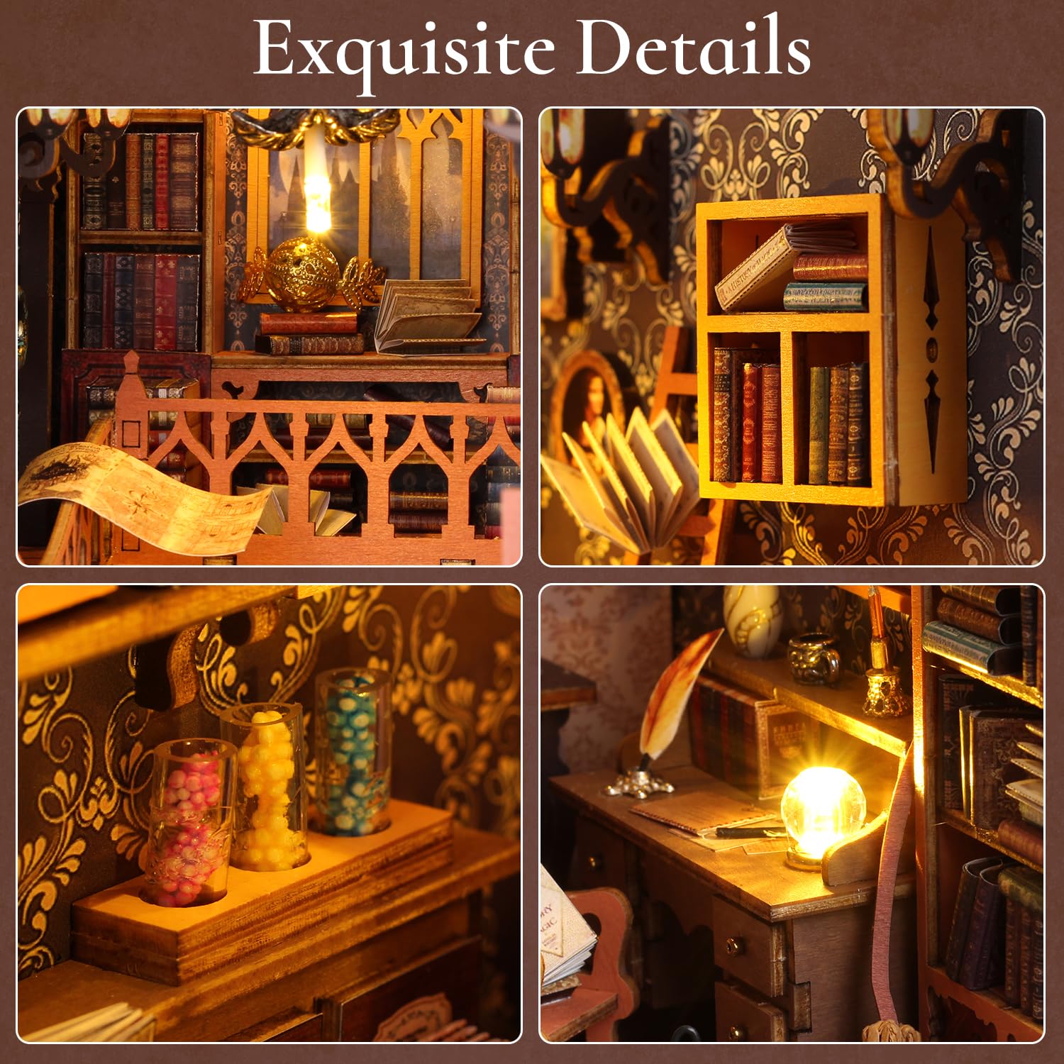 TuKIIE DIY Book Nook miniature library creates a cozy shelf scene.