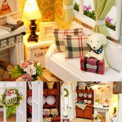 TuKIIE DIY Miniature Dollhouse Kit display stand for showcasing mini scene.