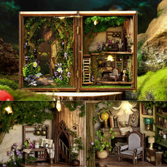 Whimsical log cabins, flowers, and vines for a cozy room corner.