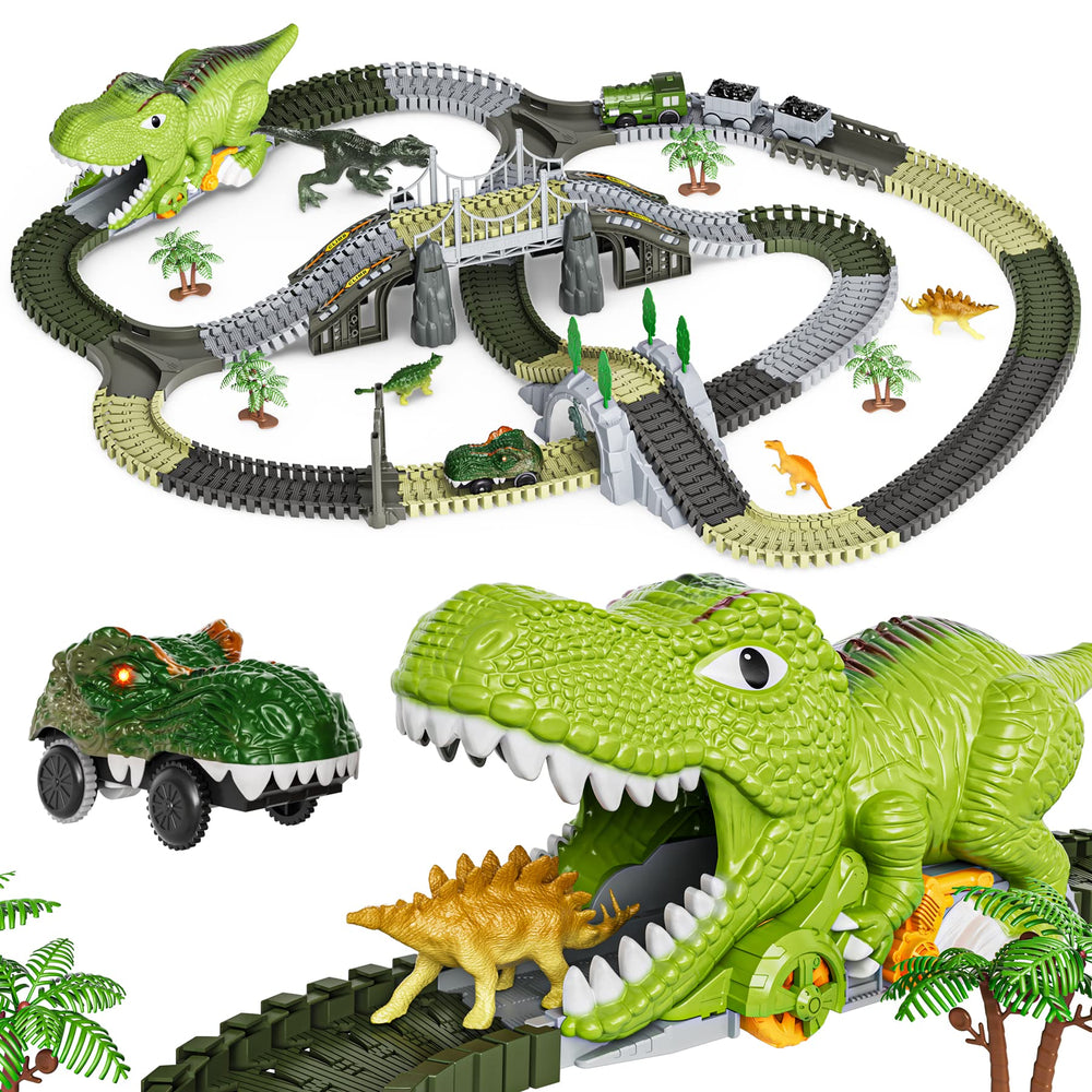 Tumama Kids dinosaur track assembly shows flexible connection points for creative layouts.