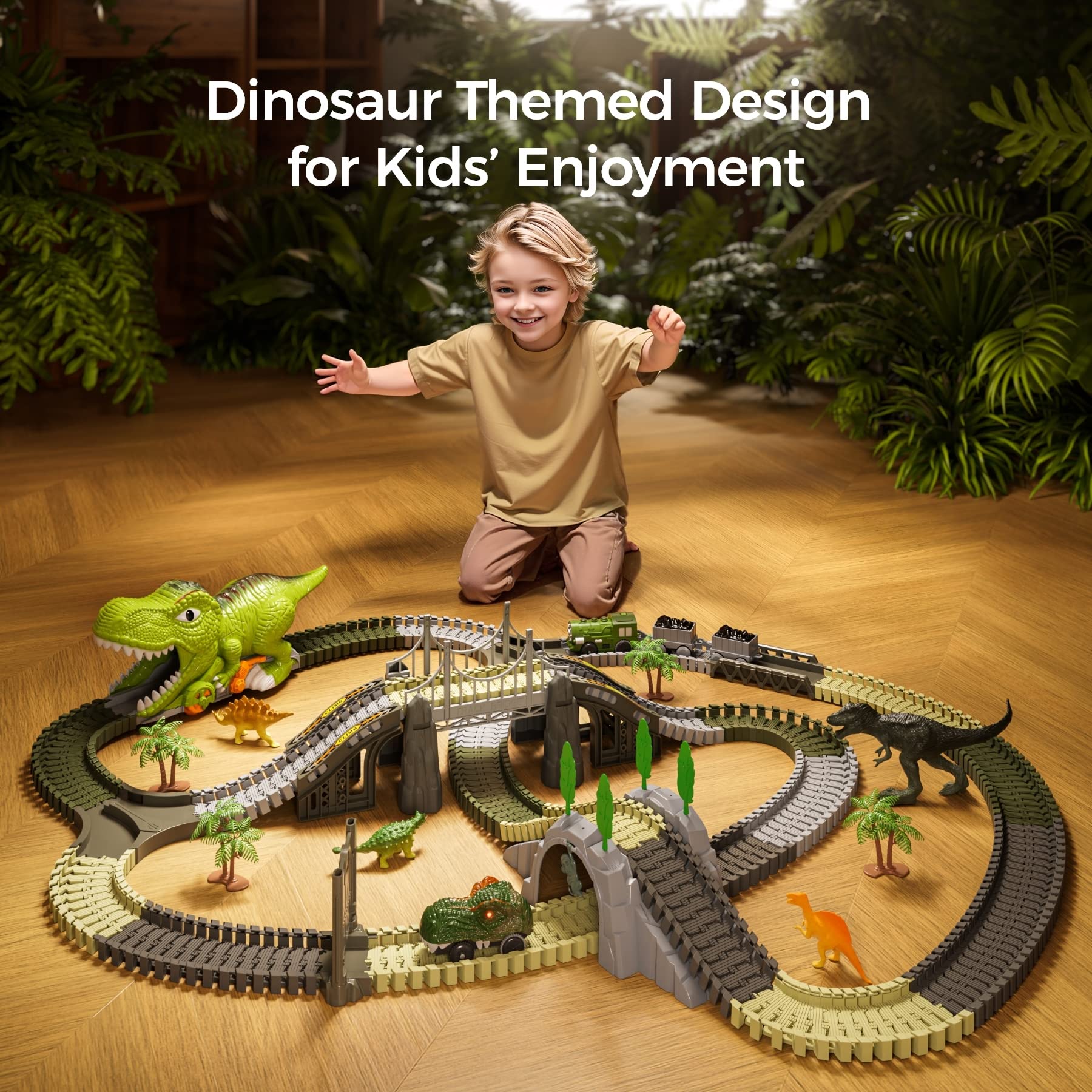 Tumama dinosaur tunnel links tracks for immersive crossing adventures.