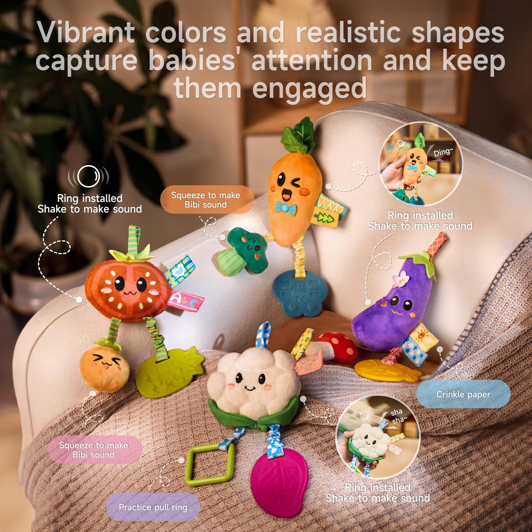 TUMAMA KIDS eggplant plush toy features a safe teether for soothing gums