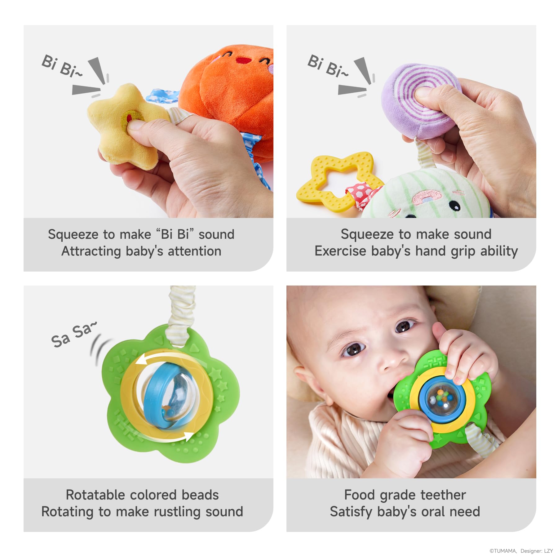 TUMAMA KIDS onion plush teether with soft textures for soothing gums.