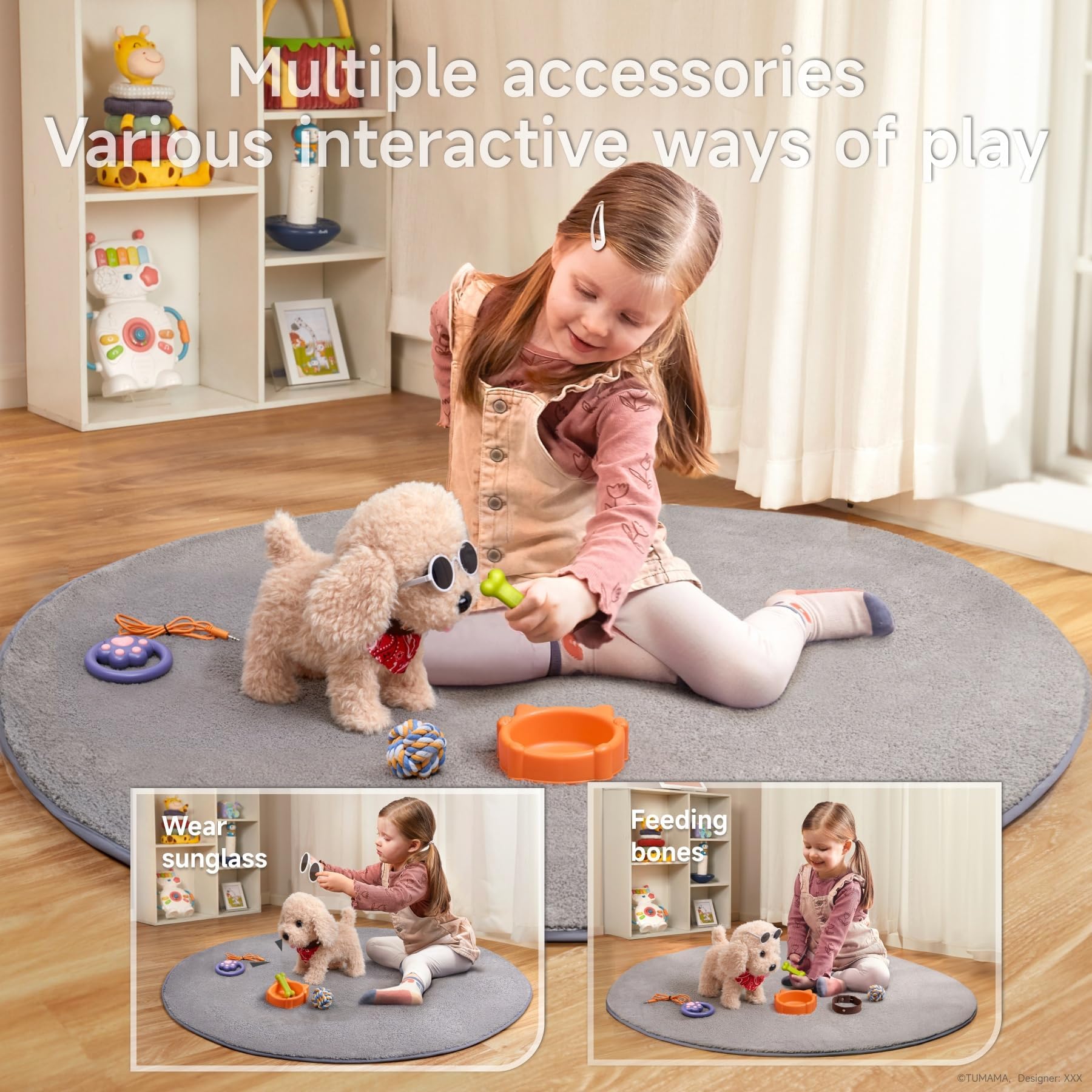 TUMAMA KIDS plush puppy wearing sunglasses adds dress-up fun and role-play possibilities.