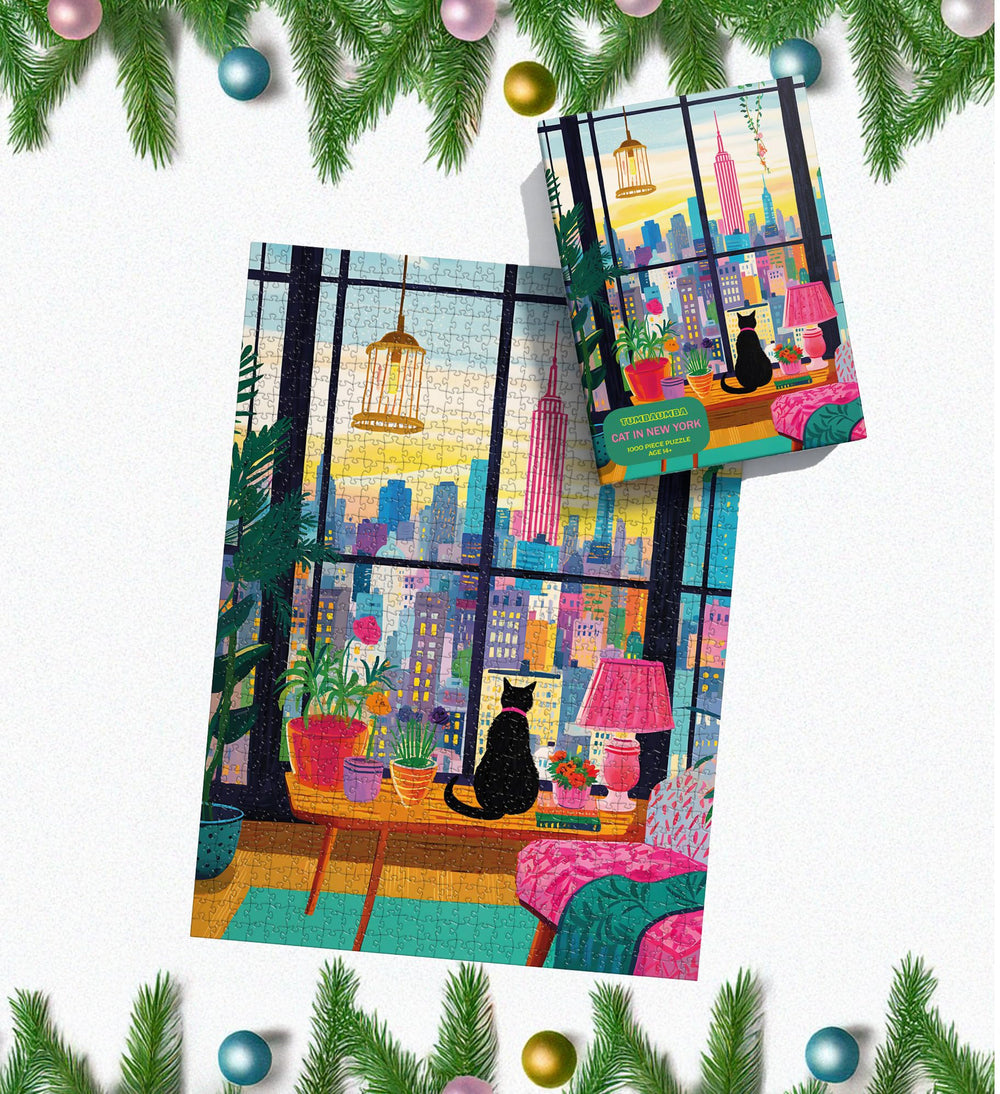 TUMBAUMBA 1000-piece cat puzzle unfolds an intricate New York scene.