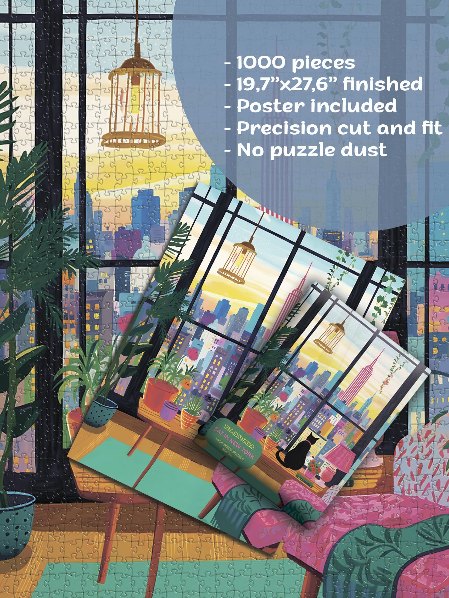 TUMBAUMBA NYC cityscape cat puzzle, perfect for family puzzle time.