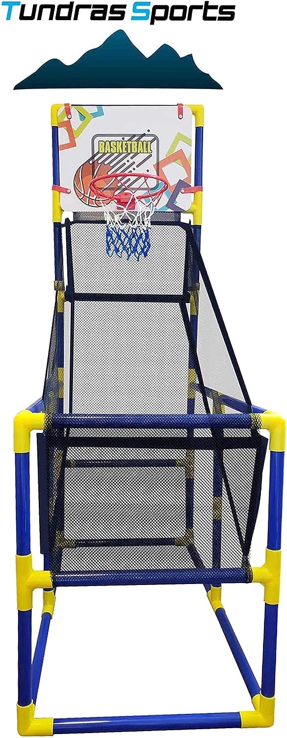 Tundras arcade set shows inflatable balls and pump for immediate play sessions.
