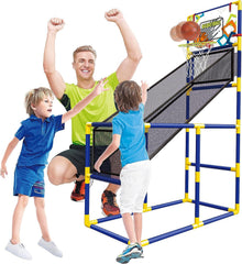 Tundras basketball hoop arcade pump and balls enable quick setup and ready play.