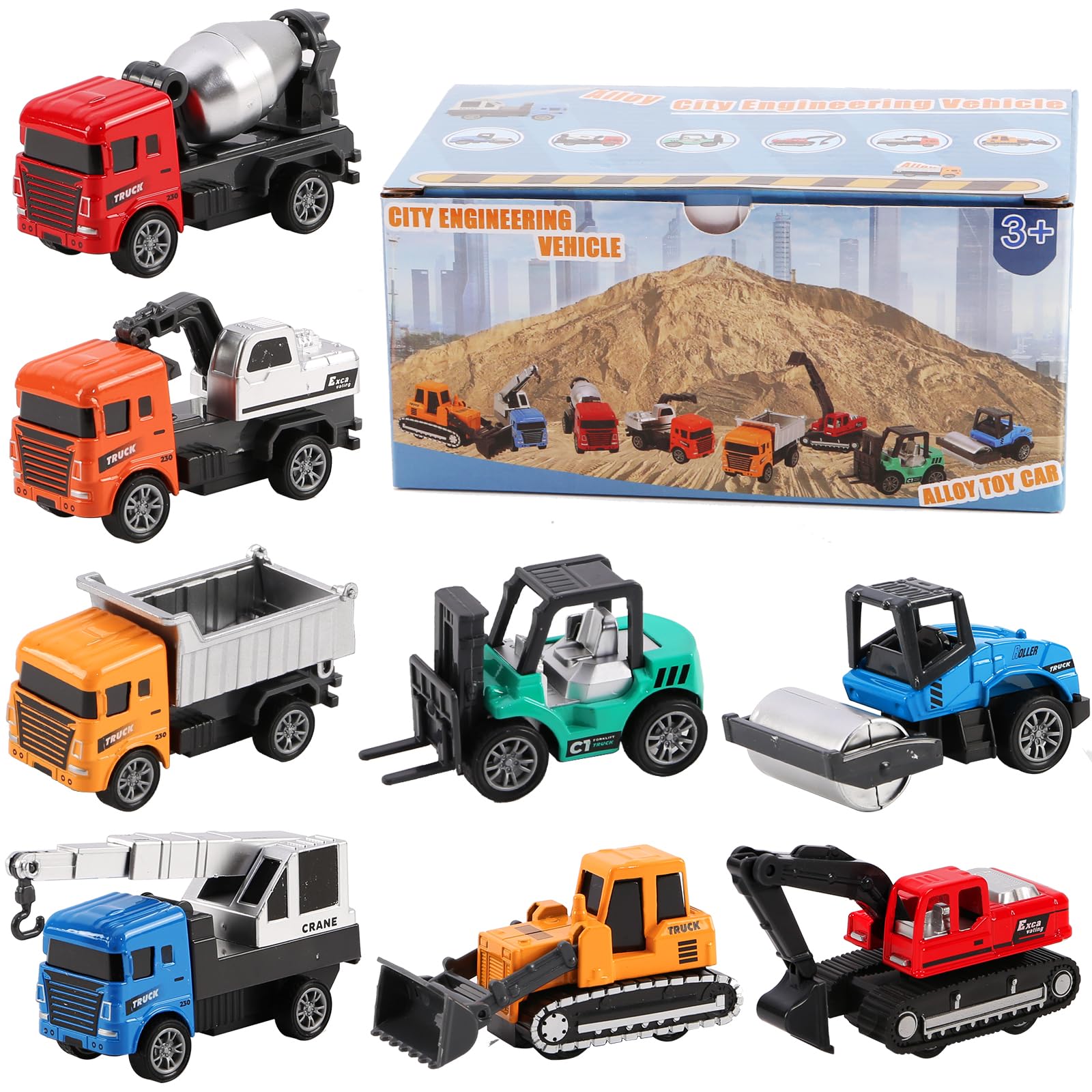 Tunmiok 8-in-1 excavator pullback toy, durable play for ages 3-5.