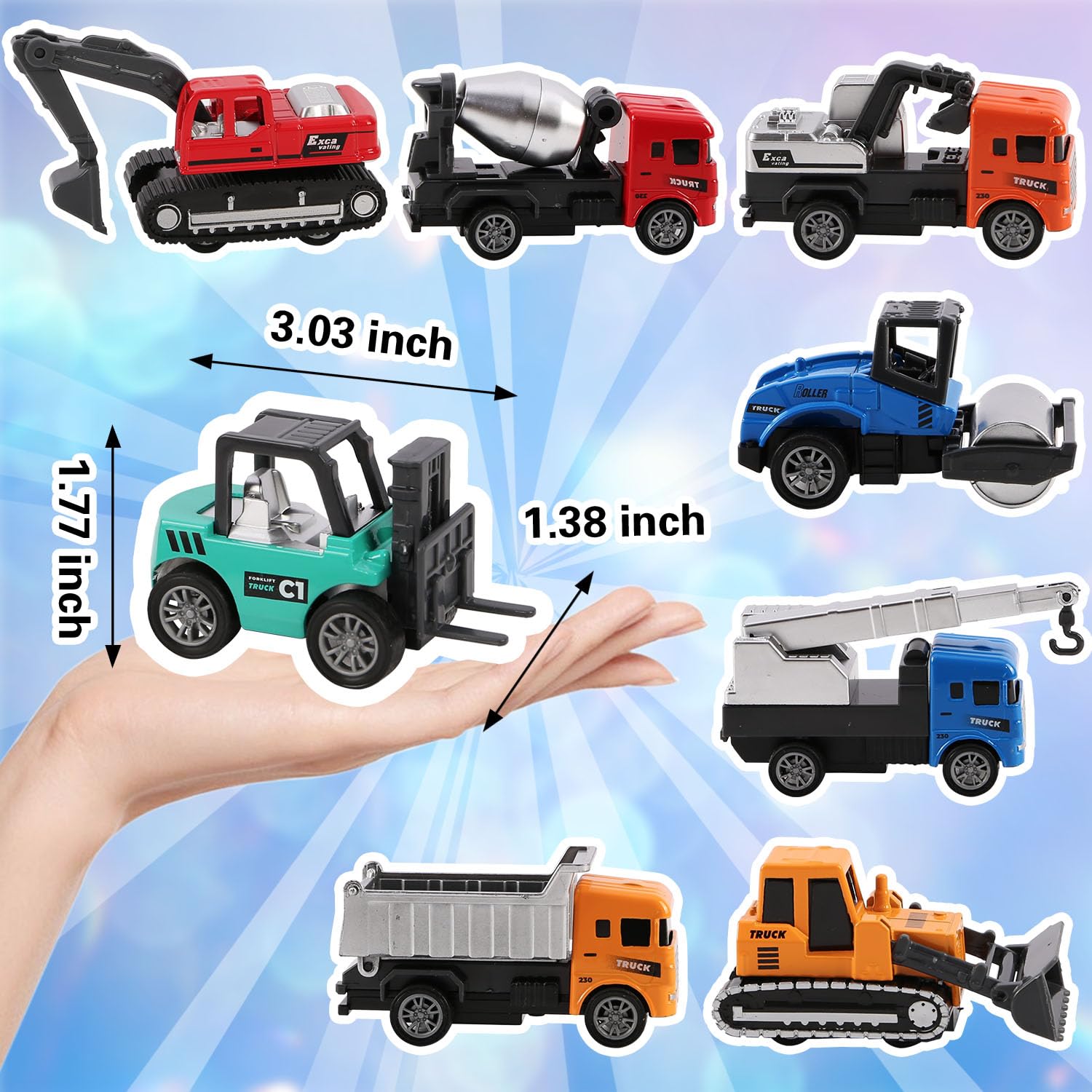 Tunmiok 8-in-1 forklift pullback toy, versatile for stacking and building play.
