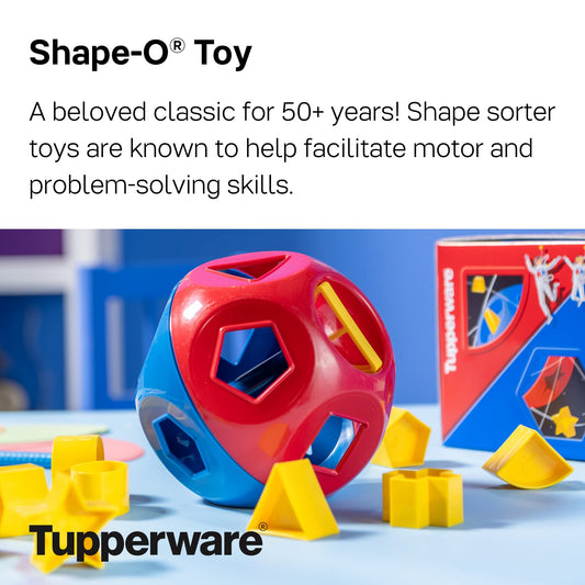 Tupperware Shape-O Sorter shapes in small hands for shape matching play.