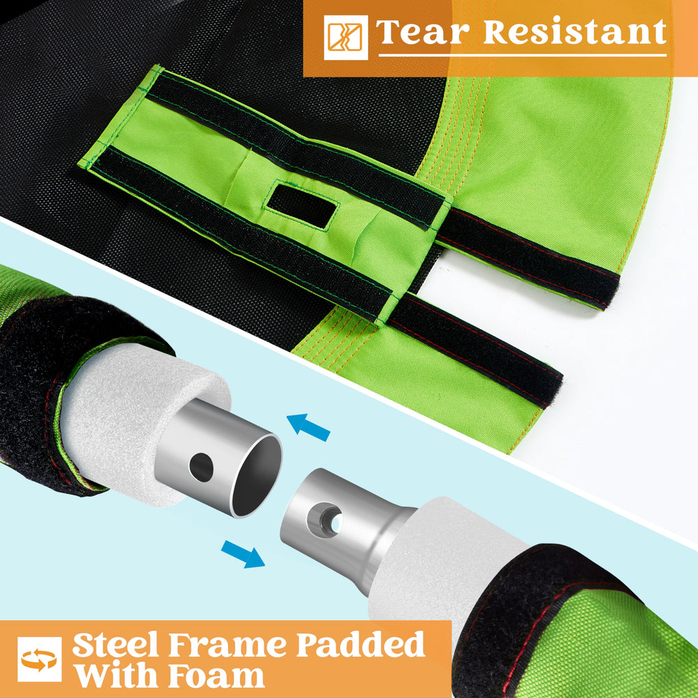 Included straps and carabiners simplify hanging on trees or swing sets