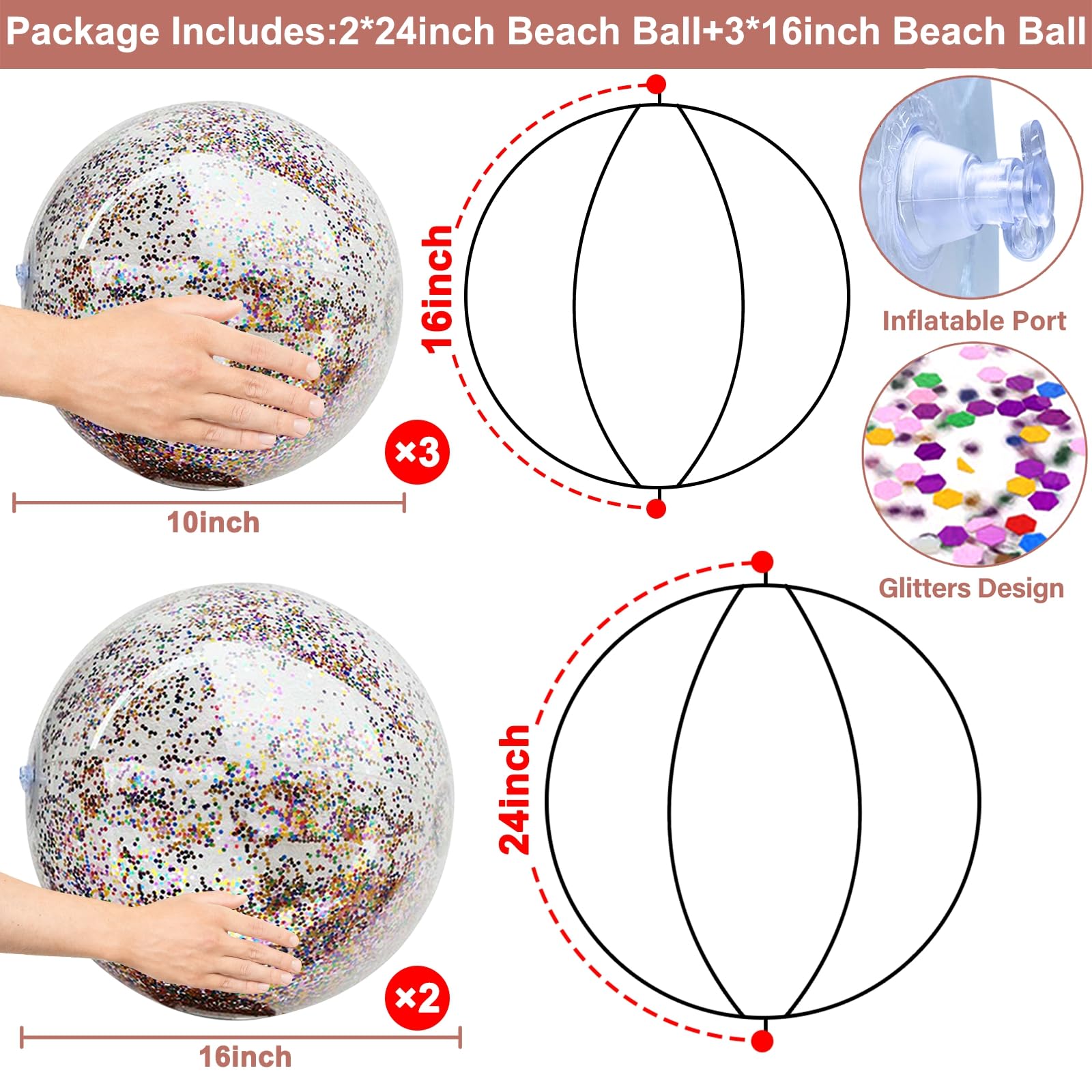 TURNMEON 5pc set 24-inch glitter beach ball close-up showing sequins.