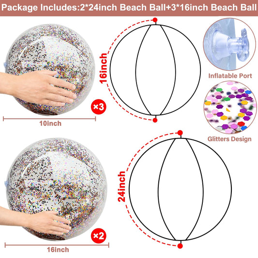 TURNMEON 5pc set 24-inch glitter beach ball close-up showing sequins.