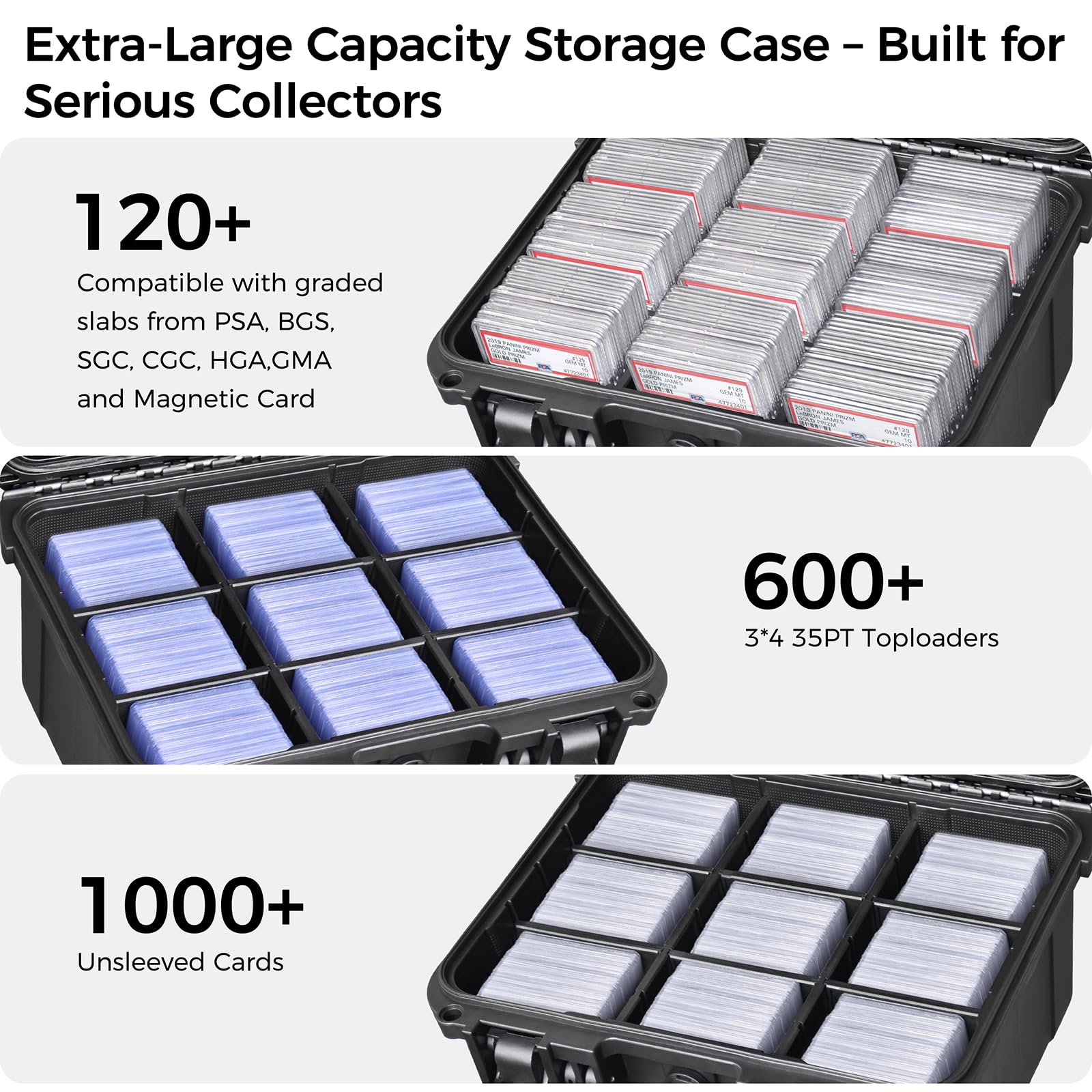 Interior supports magnetic holders and top loaders securely