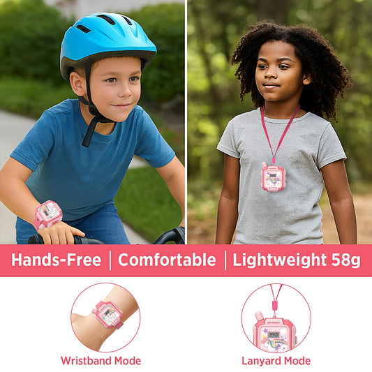 Turoytip unicorn walkie talkie with pink lanyard enables neck or wrist use during play