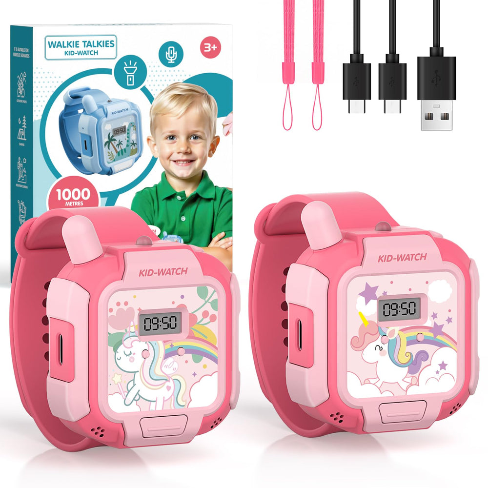 Turoytip unicorn walkie talkie worn as pink wristwatch for hands-free play