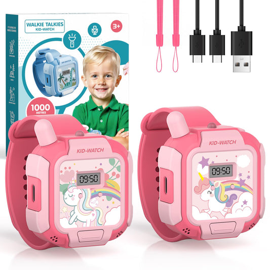 Turoytip unicorn walkie talkie worn as pink wristwatch for hands-free play