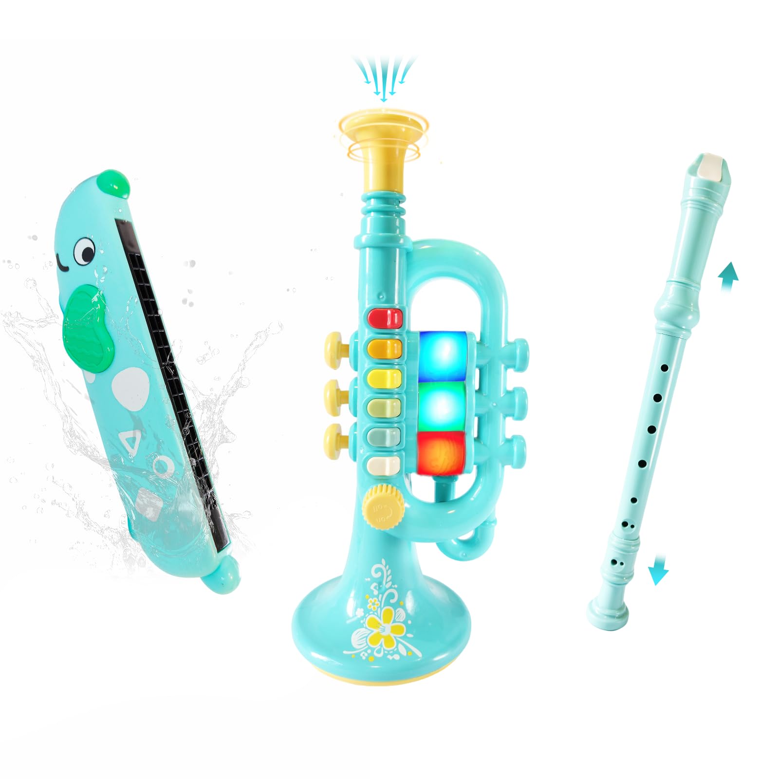 TUSALMO 3-in-1 kids trumpet with LED lights for engaging musical play.