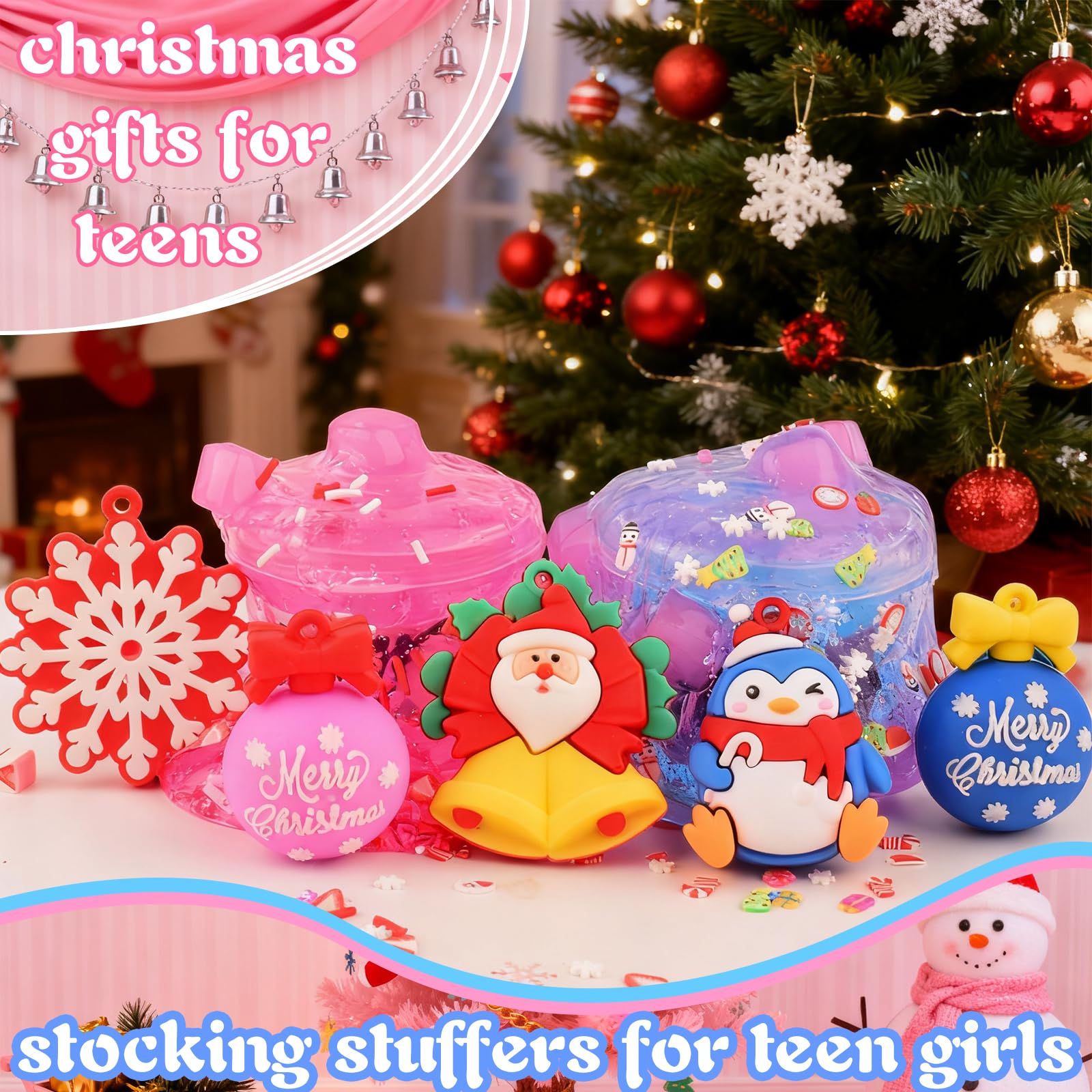 Tuupowana pink slime charms decorate festive slime for creative crafting.