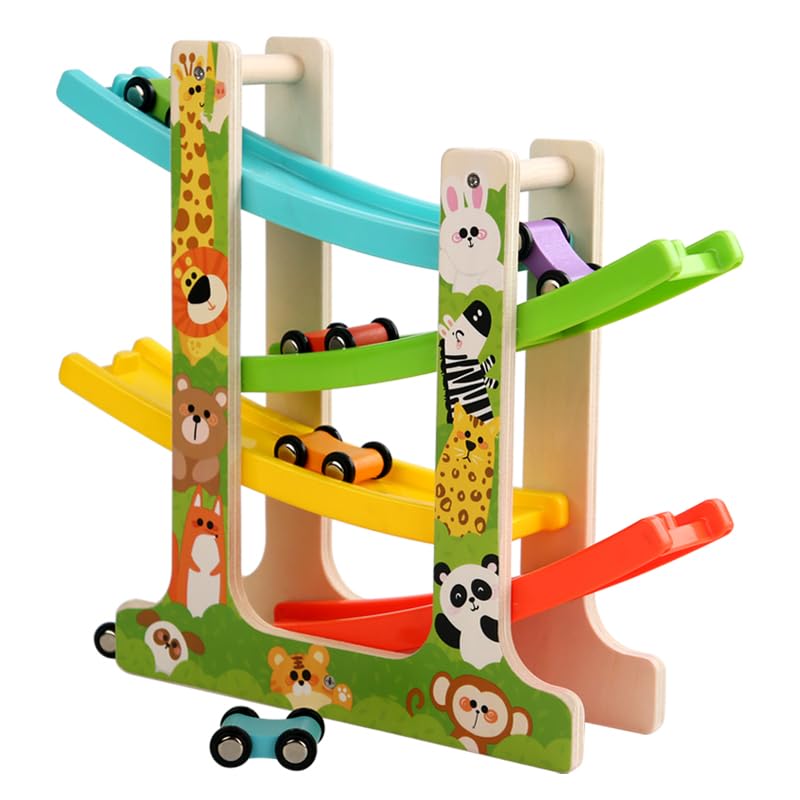 TUYFKDS wooden car ramp track four-level with eight ramps promoting creative play and fine motor skills.
