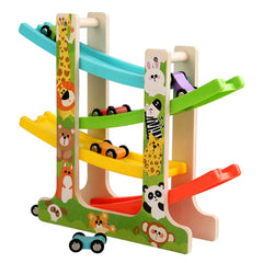 TUYFKDS wooden car ramp track four-level with eight ramps promoting creative play and fine motor skills.