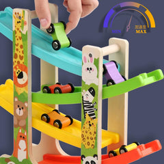 TUYFKDS four-level track construction features durable wood and kid-safe finishes.