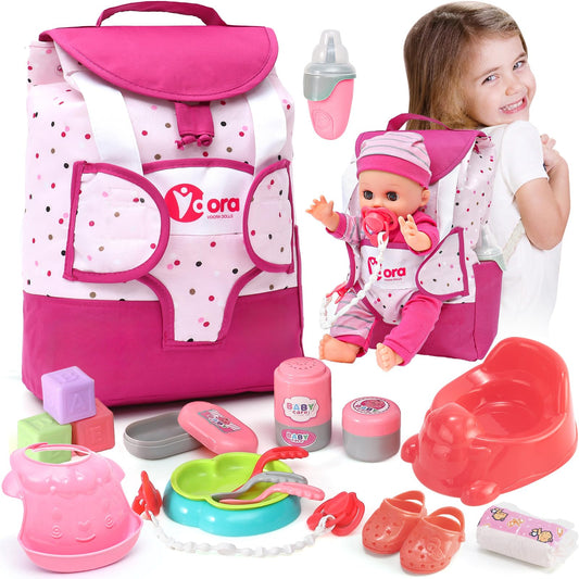 TUZT baby doll backpack for portable pretend play and organized toy storage.