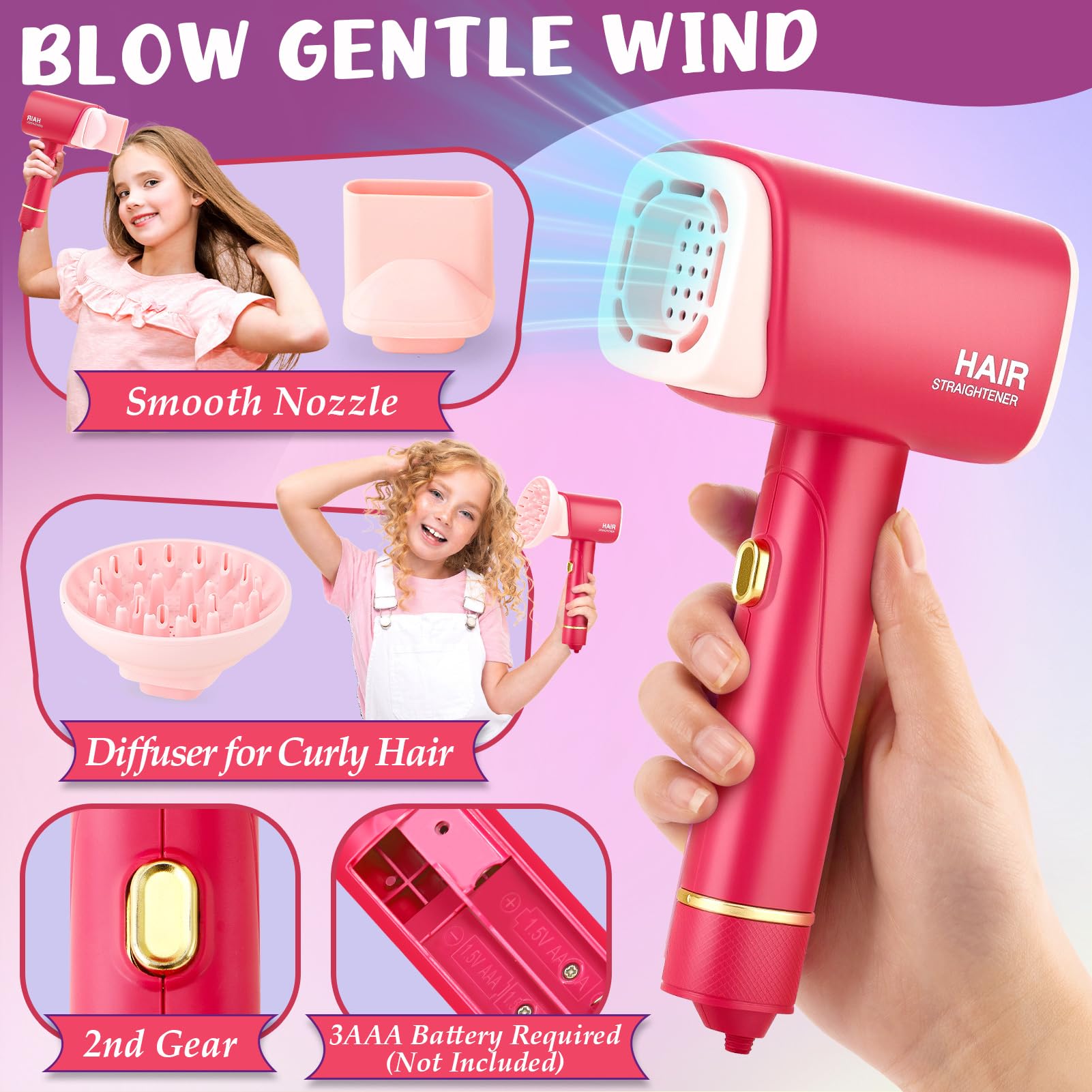 TUZT hair dryer with sound adds realism during playtime.
