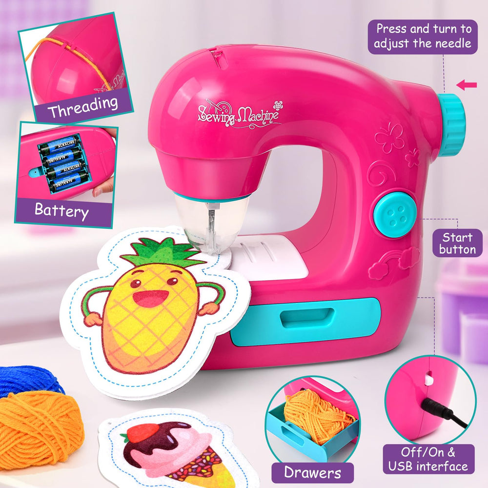 TUZT mini sewing machine toy kit in use shows kids stitching with light and guard; enhances safe practice