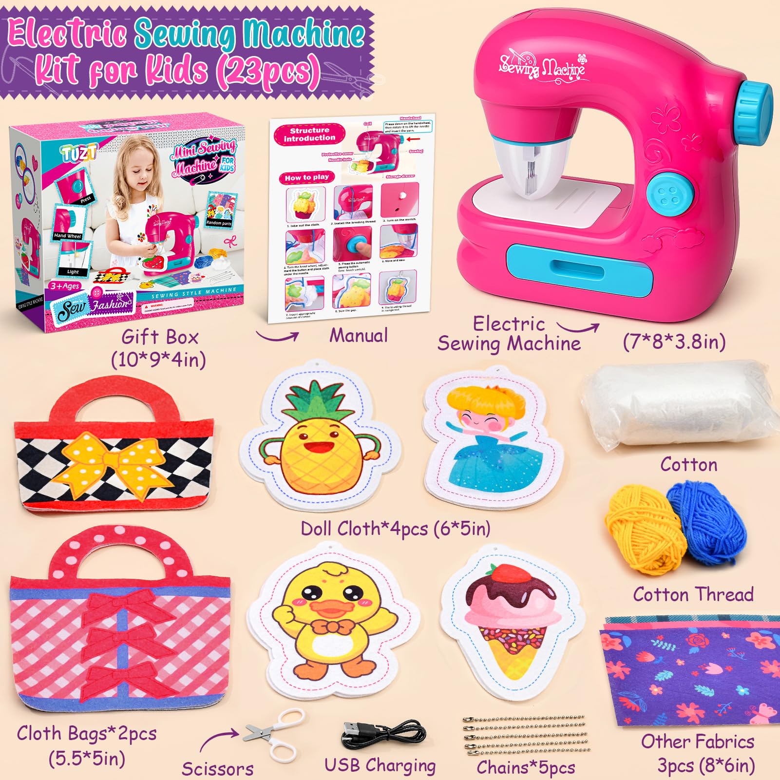 TUZT mini sewing machine toy kit side view highlights portability for classroom or travel
