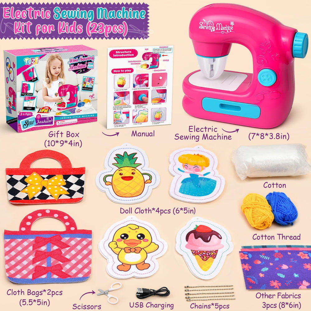 TUZT mini sewing machine toy kit side view highlights portability for classroom or travel