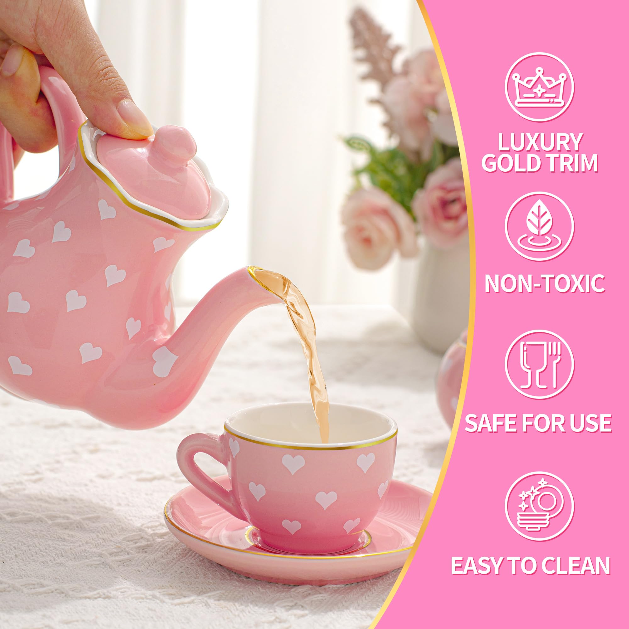 TUZT pink heart creamer for kid-friendly serving during pretend tea