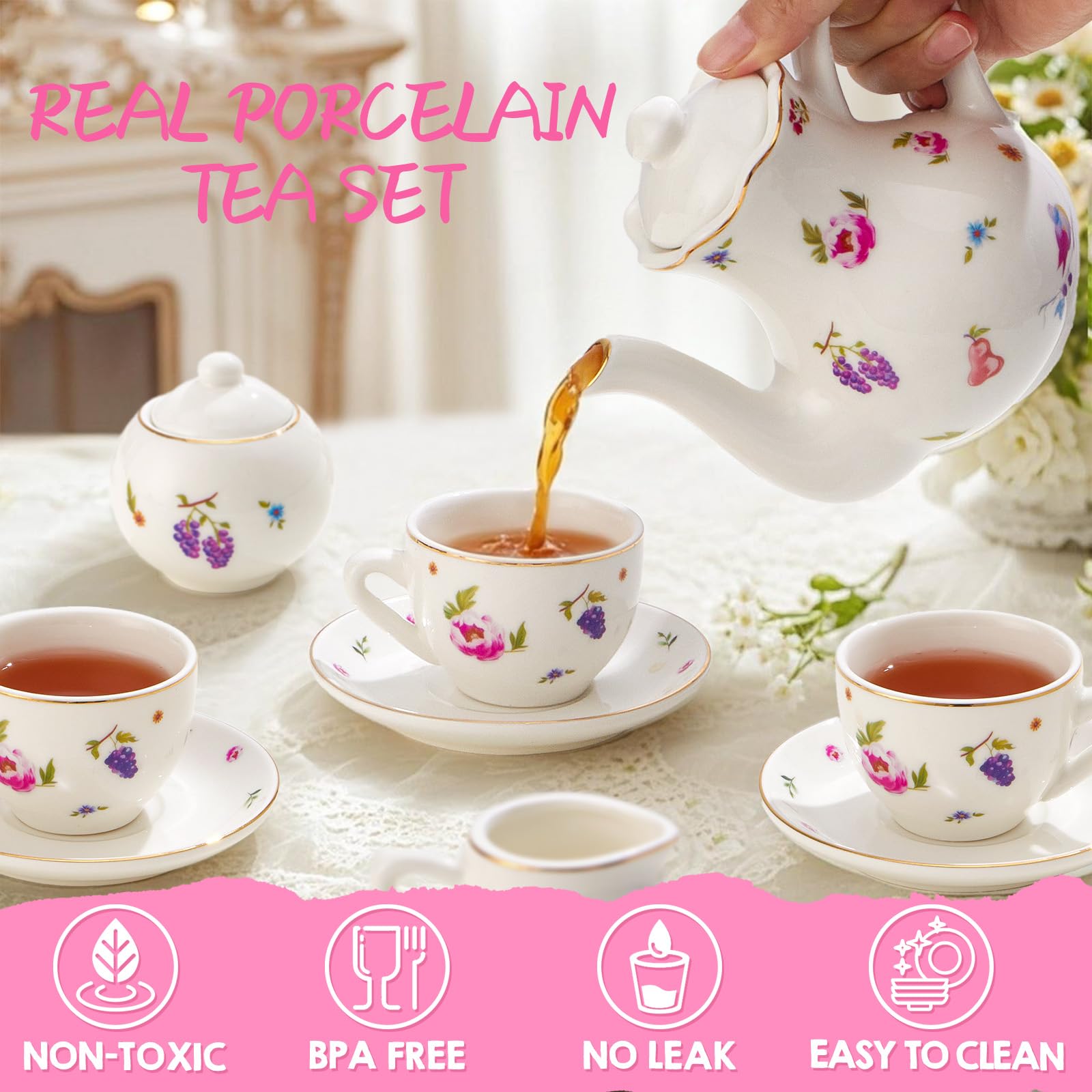 TUZT tea party set with golden rim cups adds a touch of elegance.