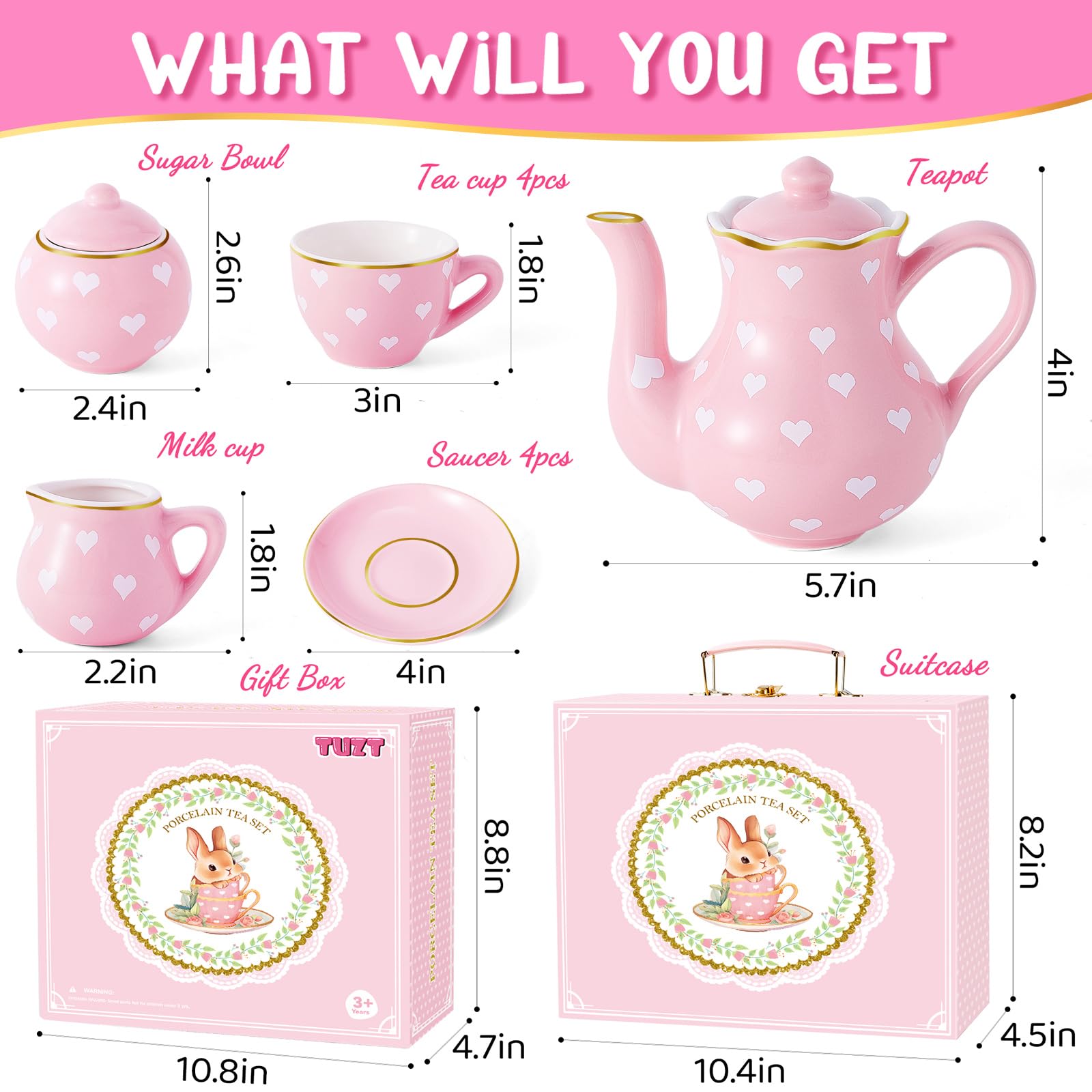 TUZT Tea Party Set pink heart cups and saucers for elegant pretend service