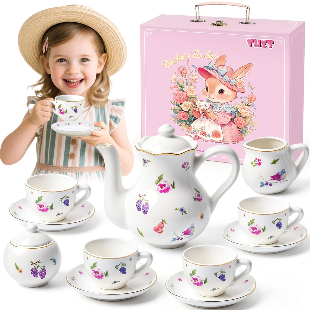 TUZT tea party teapot with lid, a delicate floral glaze for kid-friendly tea time.