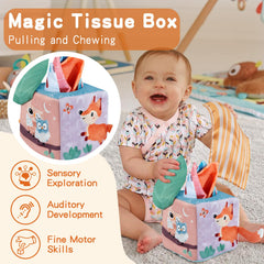 Twefex tissue box toy features mirror, crinkle leaf, and peekaboo elements