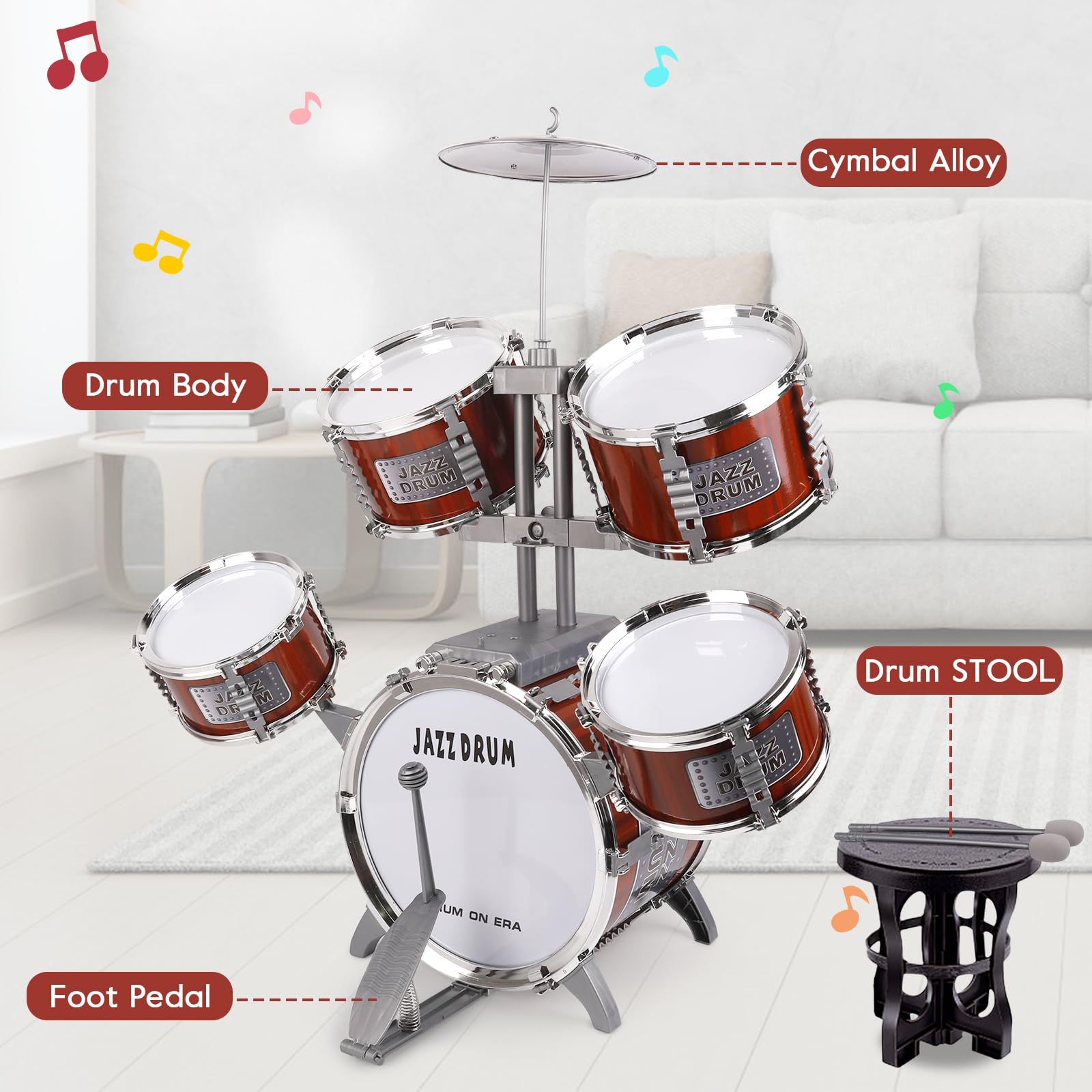 TWFRIC kid-friendly drum kit with sturdy construction for durable play.