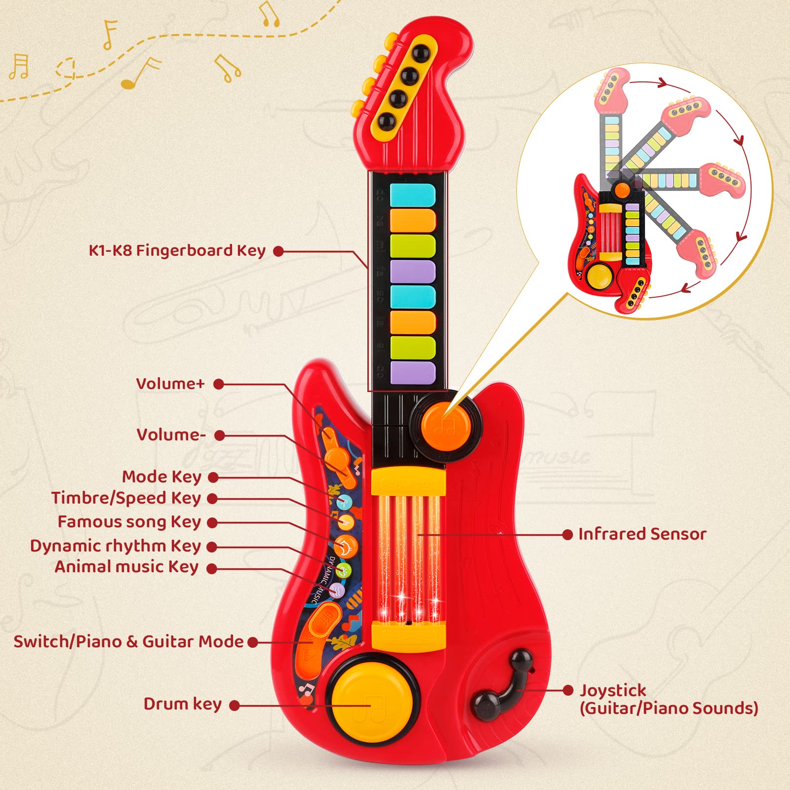 TWFRIC Kids Guitar 2in1 no-string design keeps hands safe.