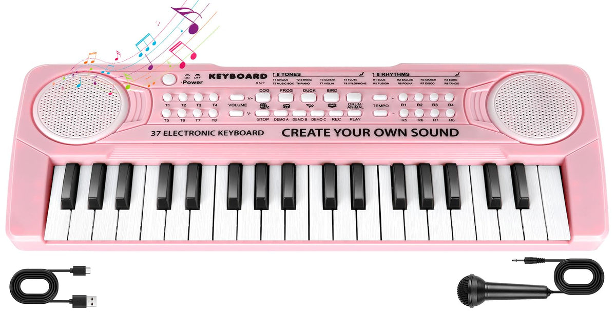 TWFRIC Kids Piano 37-key pink front view, compact and portable for learning
