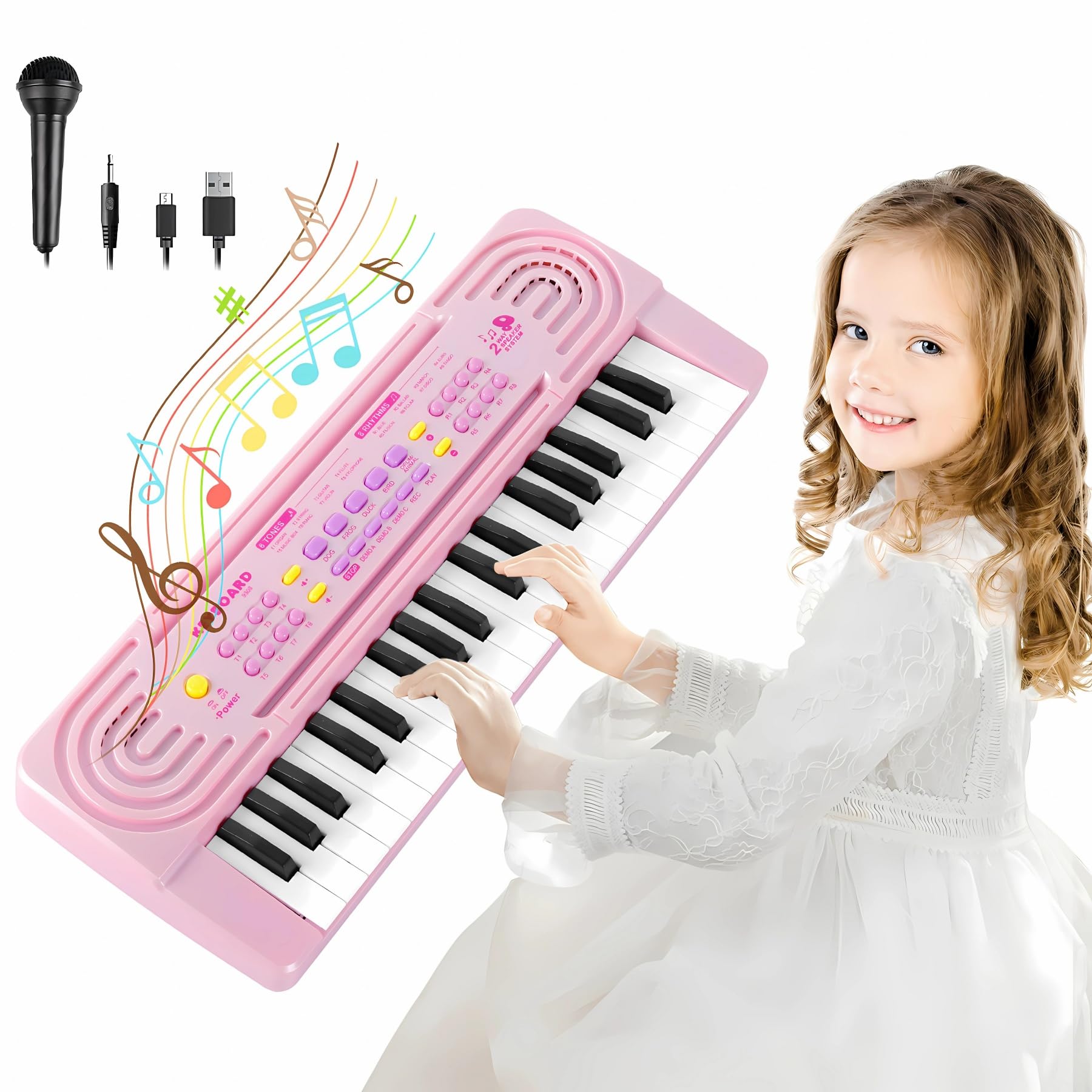 TWFRIC kids piano 37-key pink front view promotes early musical exploration.