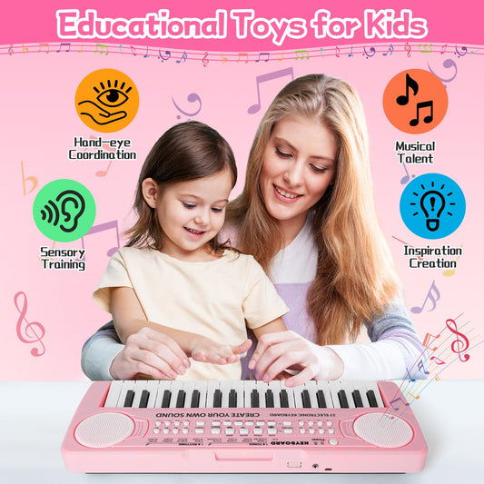 TWFRIC Kids Piano 37-key pink keyboard closeup highlights wood-grain keys for realistic play