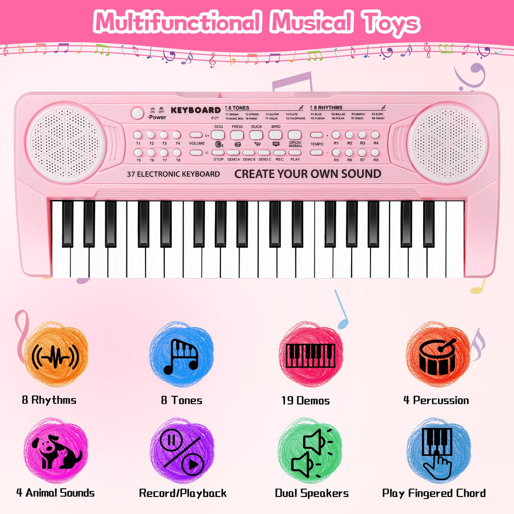 TWFRIC Kids Piano pink microphone image emphasizes interactive singing and recording fun