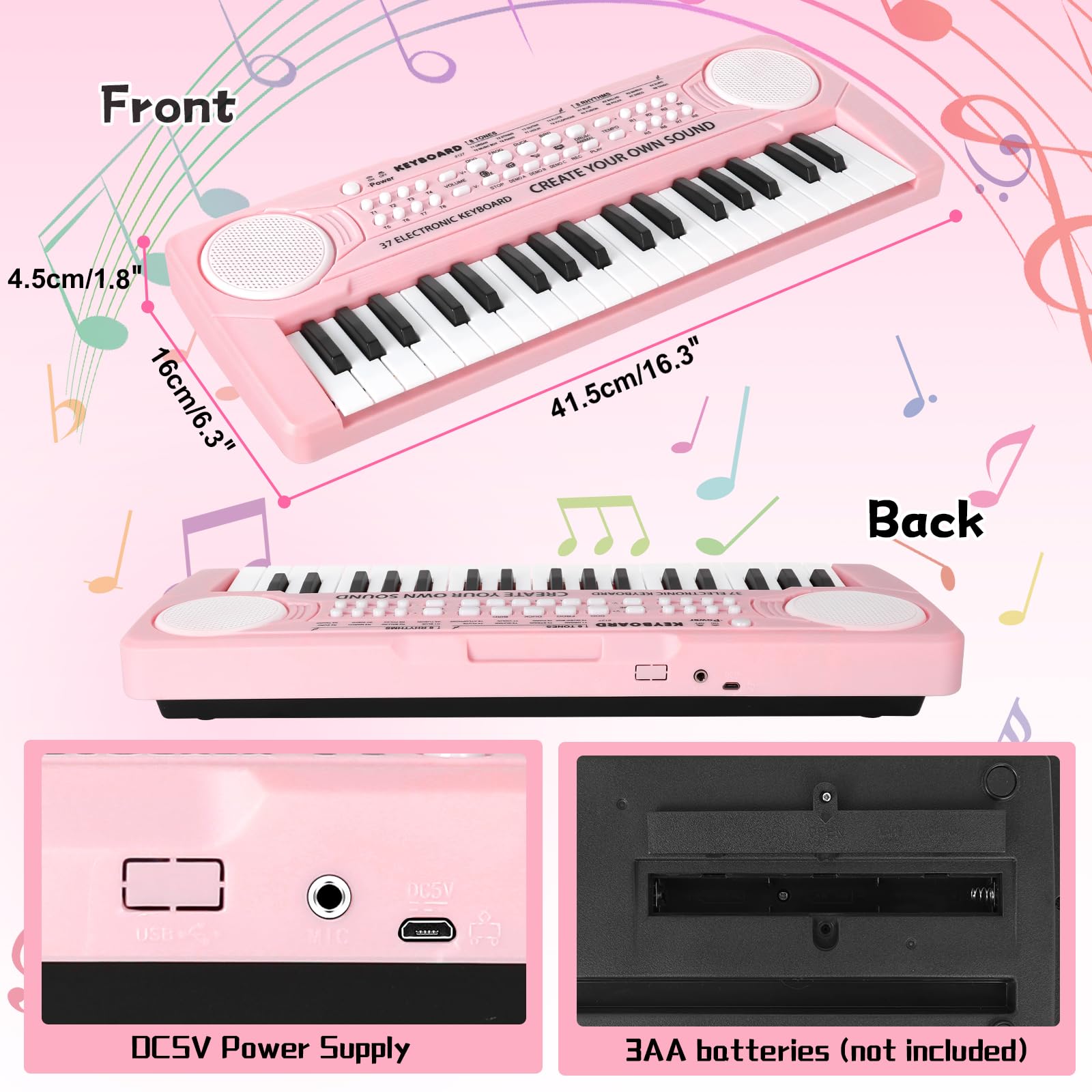 TWFRIC Kids Piano 37-key pink portable size for travel and at-home lessons