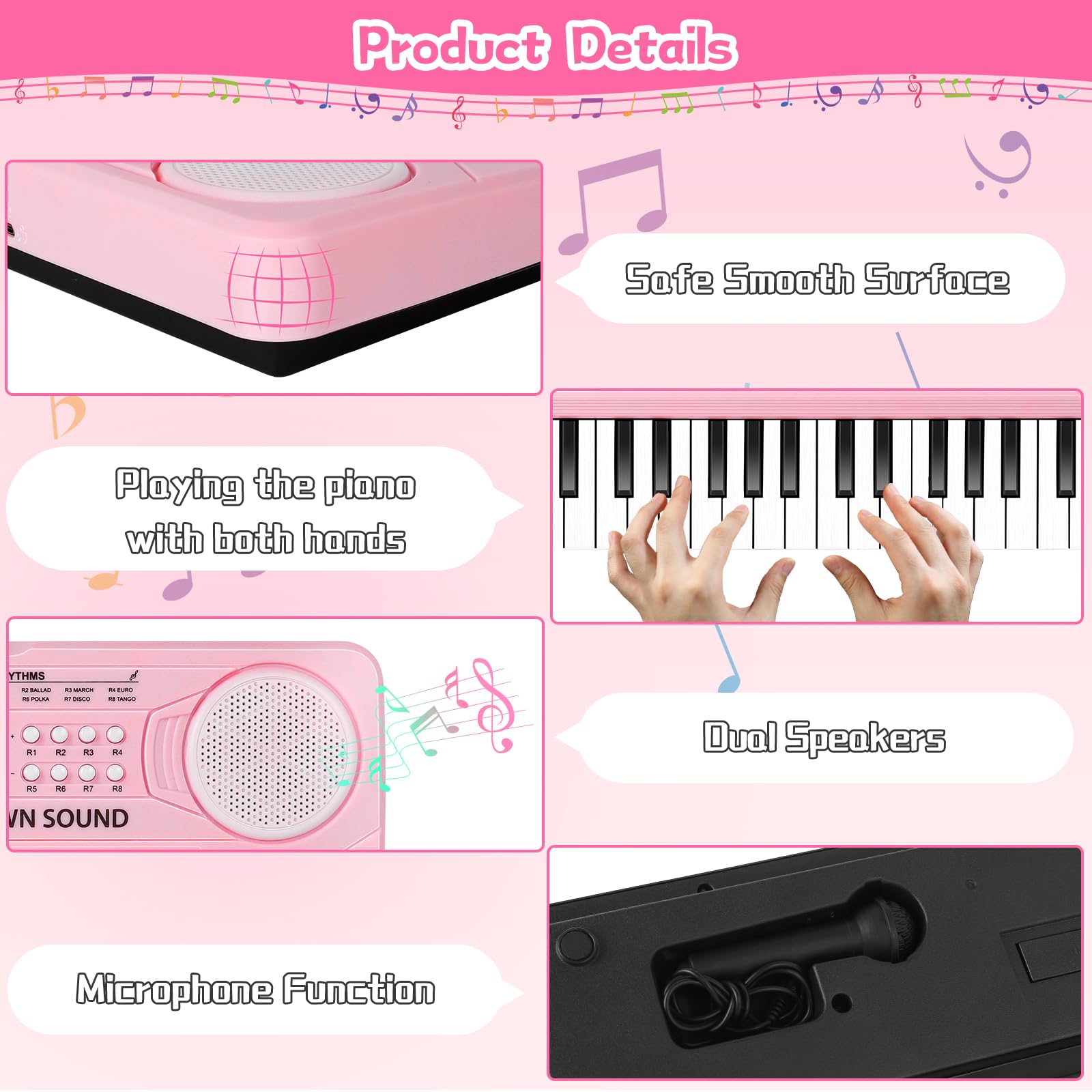 TWFRIC Kids Piano 37-key pink with rhythms and demos supports exploration of music